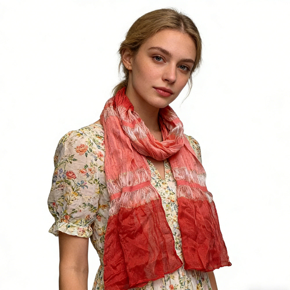 Red Metallic Polyester Scarf - Skinny Long Scarf With Silver Threads 66inchx9.4inch