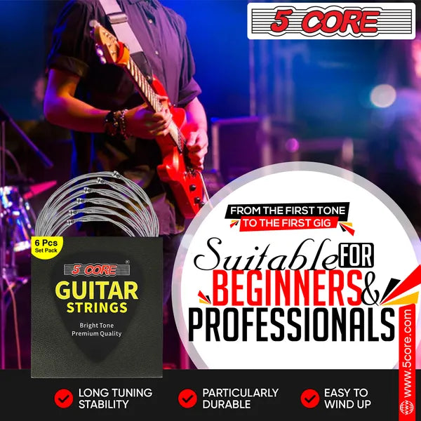 5 Core Electric Guitar Strings Brass Phosphor Bronze Extra Light Gauge (.009–.042) High Carbon Steel Core Bright & Powerful Tone 6 String Set For All Electric Guitars - GS EL
