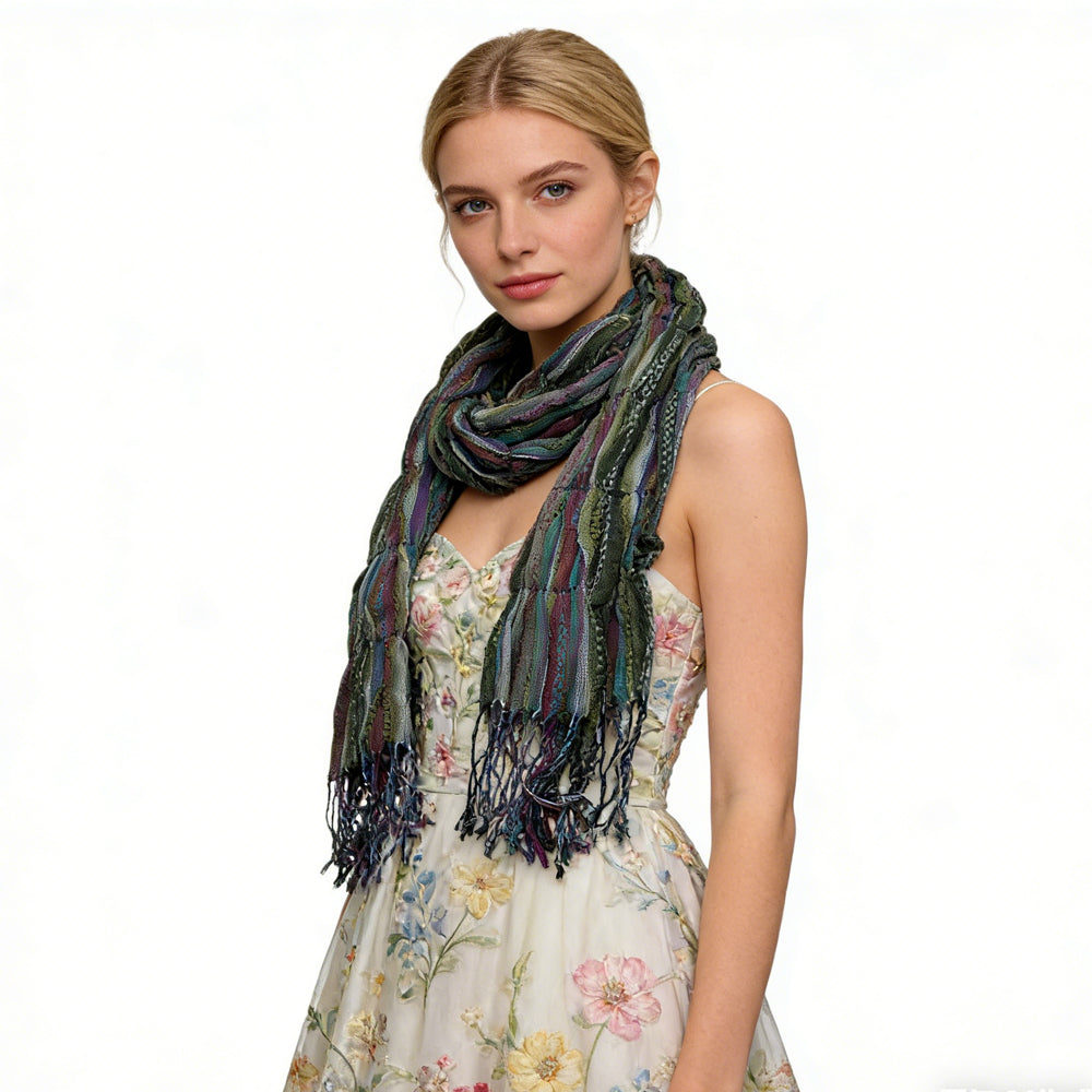 Olive Jacquard Crinkle Scarf - Textured Utility Scarf 70inchx29inch