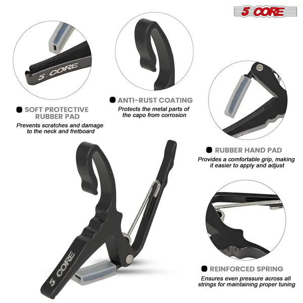 5Core Capo Acoustic Electric Guitar String Clip Banjo Mandolin Or Ukulele + 6Pcs Guitar Picks Celluloid Puas Para Guitarra + Carry Bag - CAPO AL BLU