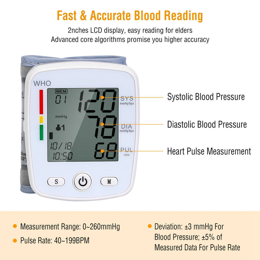 1Pc Blood Pressure Monitor Wrist Digital High Blood Pressure Cuff Heartbeat Tester With 90x2 Reading Memory 2In LCD Screen Storage Box
