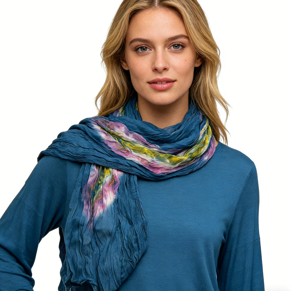 Turquoise Tie-Dye Cotton Scarf - Bohemian Crinkle Scarf 67inchx26inch