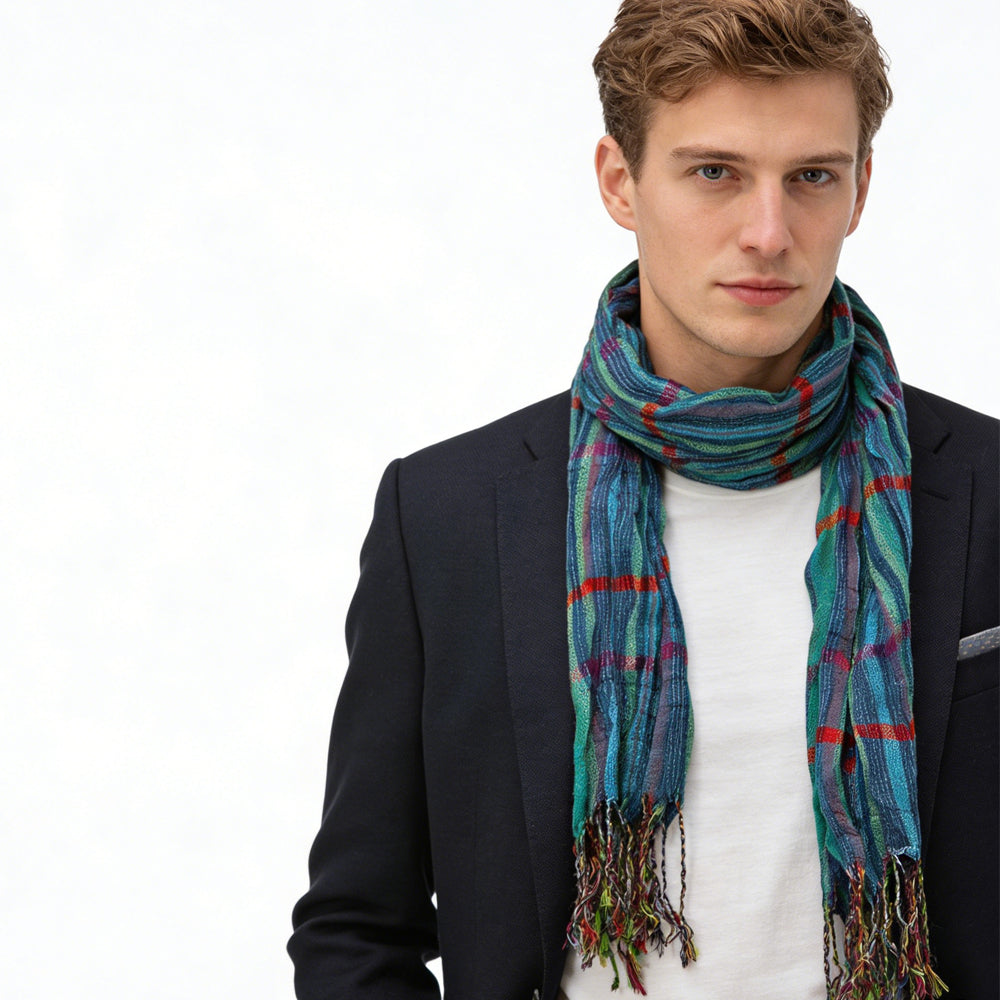 Blue Jacquard Crinkle Scarf - Heavy Textured Scarf 76inchx28inch