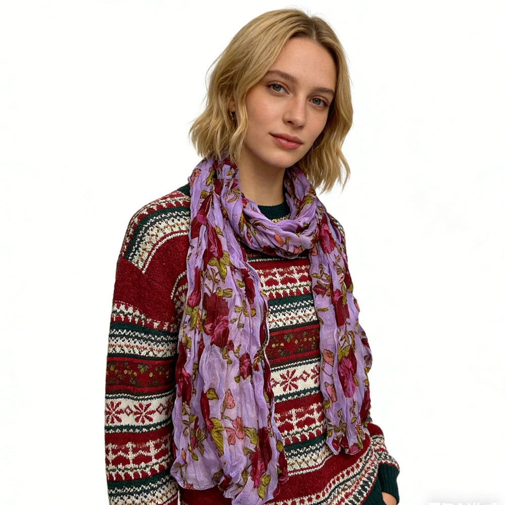 Magenta Printed Polyester Scarf - Crinkle Long Scarf 63inchx23inch
