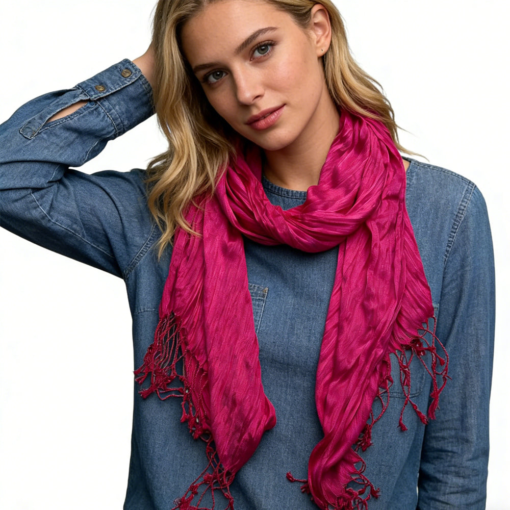 Hot Pink Dyed Crinkle Scarf - Vibrant Textured Scarf 67inchx24inch