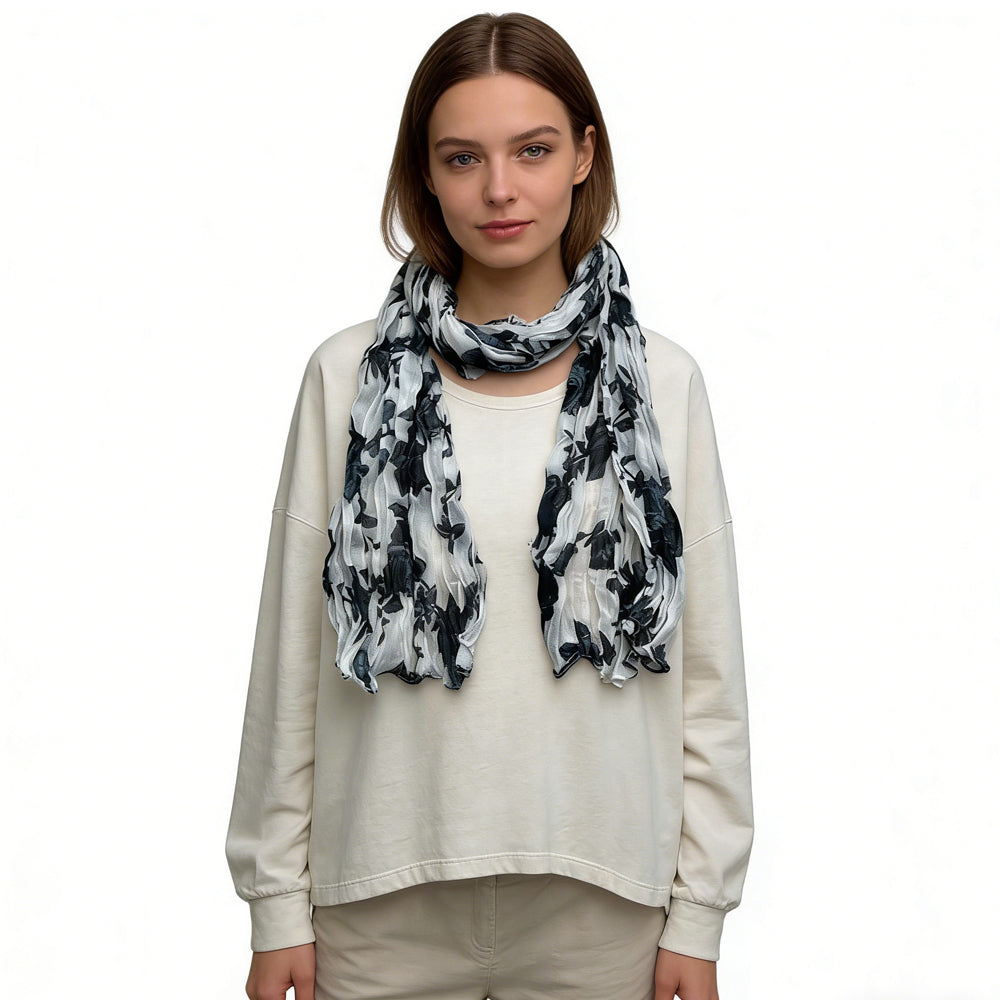 Black & White Printed Crinkle Scarf - Graphic Textured Scarf 63inchx23inch