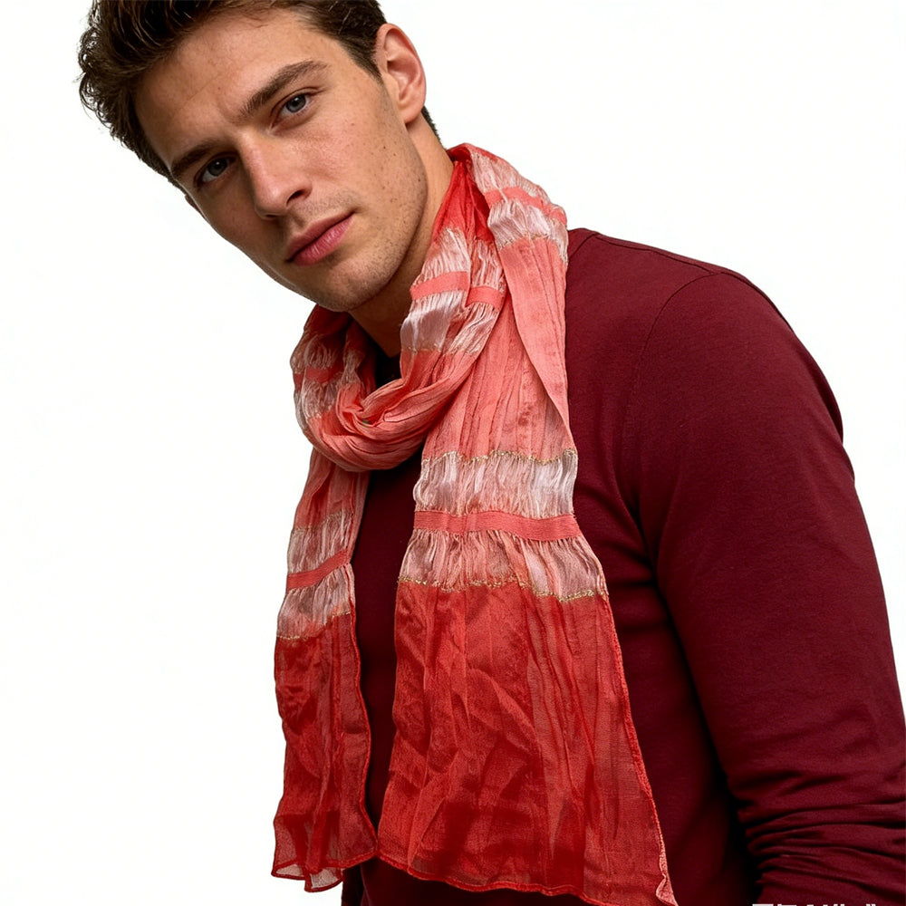 Red Metallic Polyester Scarf - Skinny Long Scarf With Silver Threads 66inchx9.4inch