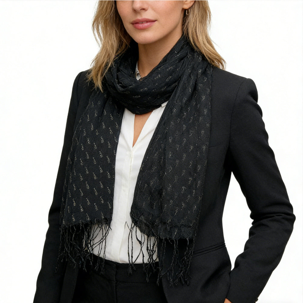 Black Printed Viscose Scarf - Elegant Evening Scarf 67inchx26inch