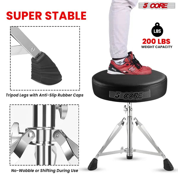 5 CORE Drum Throne Padded Guitar Stool Height Adjustable Music Chair Seat Universal For Adults & Kids With Anti Slip Rubber Feet DS CH BLK