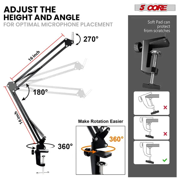 5 Core Microphone Arm Stand Upgraded Adjustable Suspension Boom Scissor Arm Mic Holder With Pop Filter 3/8" To 5/8" Adapter Mic Clip Shock Mount Cable Ties ARM SET 16