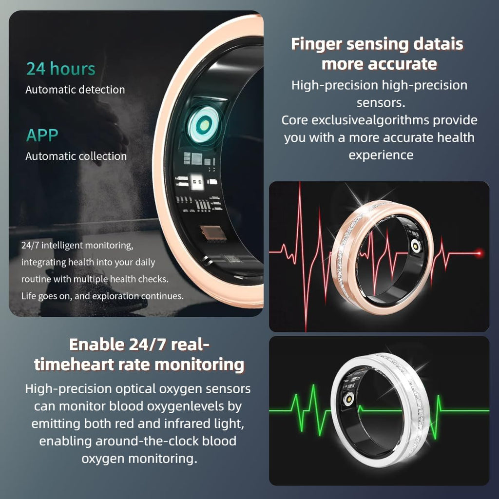 Smart Ring For Women, Health & Fitness Tracker With Heart Rate, Blood Oxygen, Sleep Monitoring, Elegant Rose Gold Design With Crystal Accents, IP68 Waterproof, Gesture Control