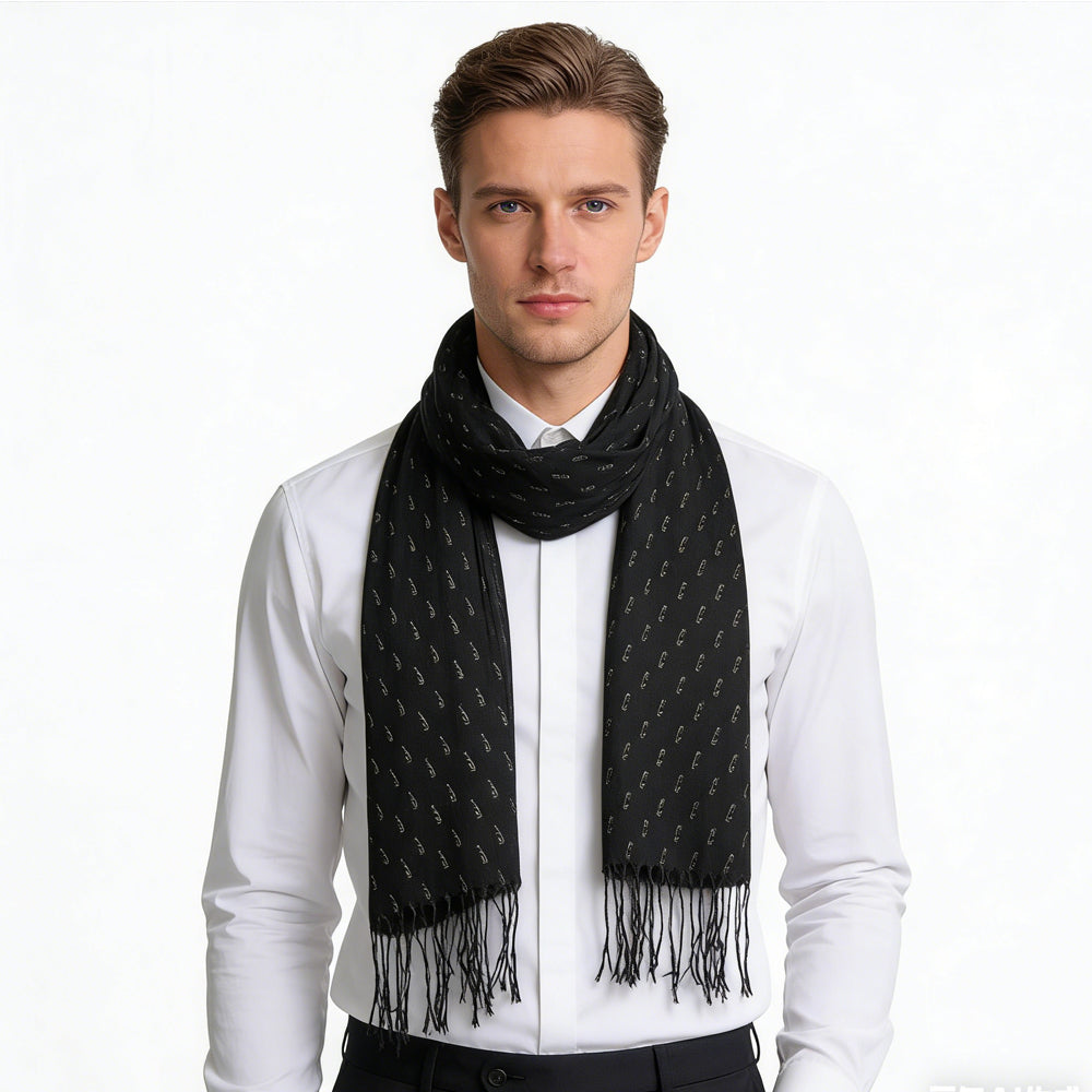 Black Printed Viscose Scarf - Elegant Evening Scarf 67inchx26inch