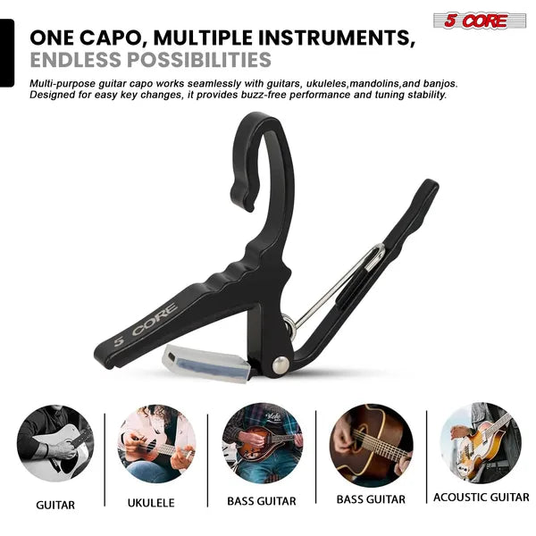 5Core Capo Acoustic Electric Guitar String Clip Banjo Mandolin Or Ukulele + 6Pcs Guitar Picks Celluloid Puas Para Guitarra + Carry Bag - CAPO AL BLU