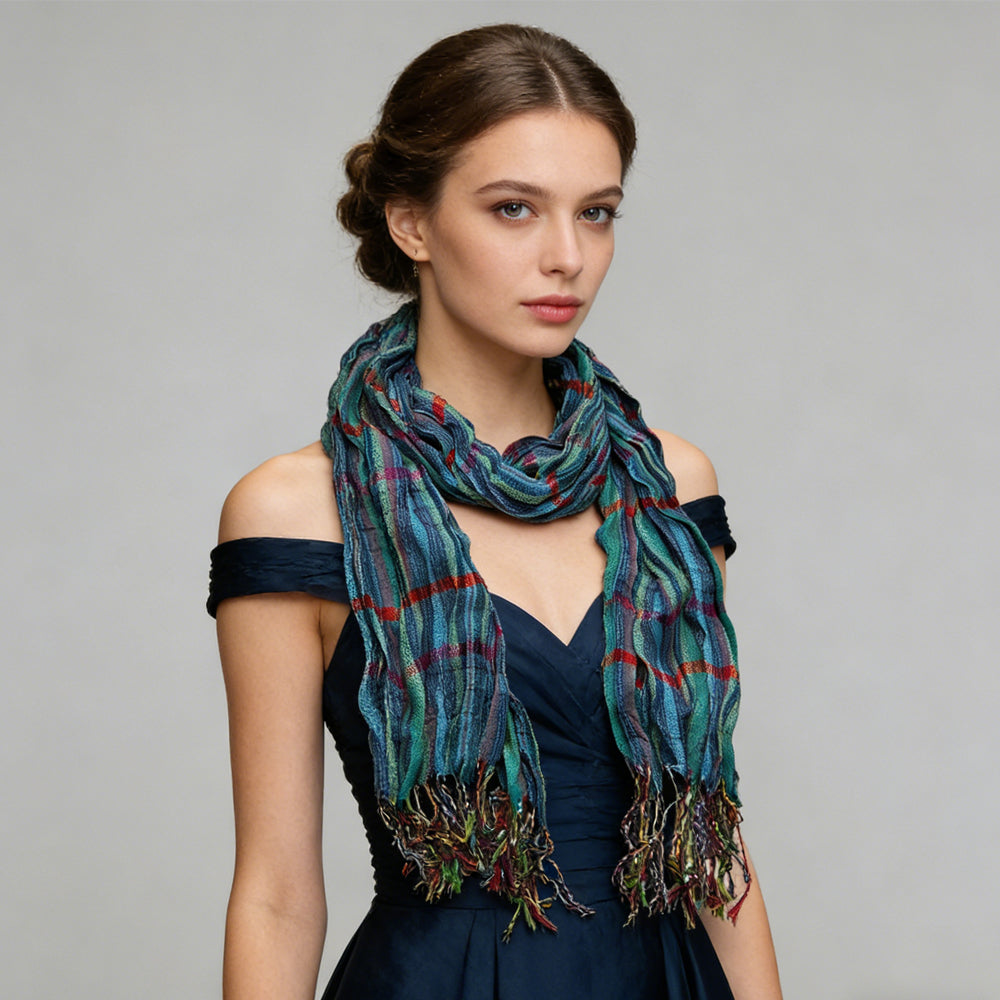 Blue Jacquard Crinkle Scarf - Heavy Textured Scarf 76inchx28inch