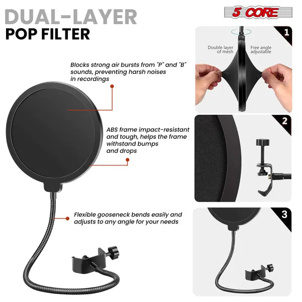 5 Core Microphone Arm Stand Upgraded Adjustable Suspension Boom Scissor Arm Mic Holder With Pop Filter 3/8" To 5/8" Adapter Mic Clip Shock Mount Cable Ties ARM SET 16
