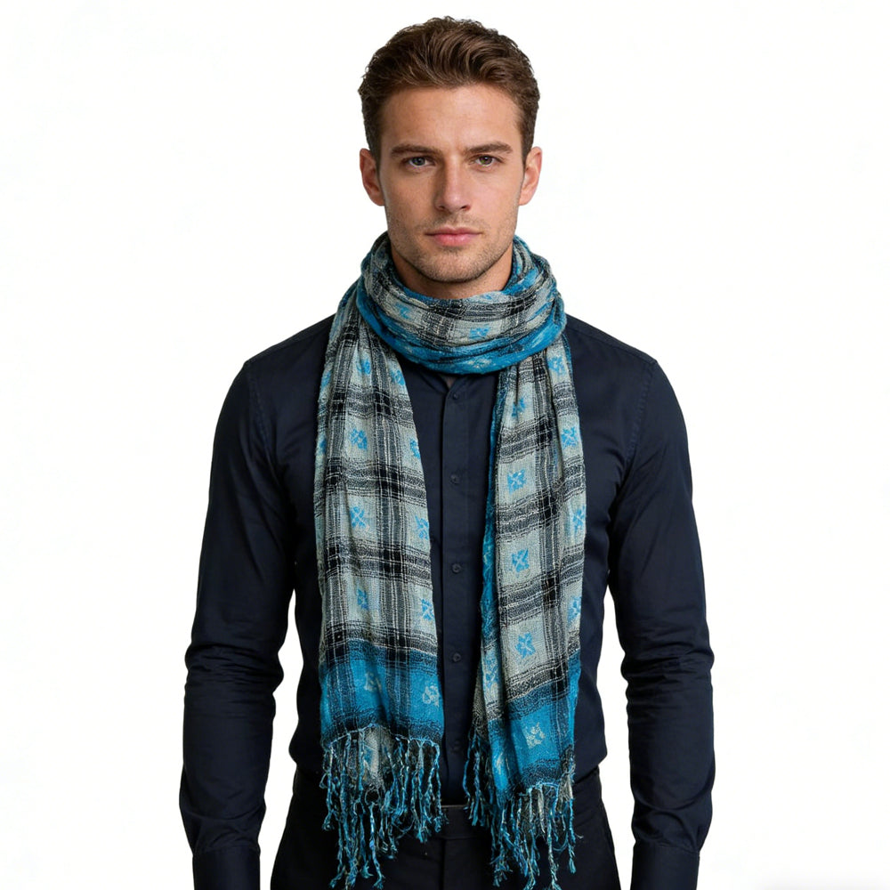 Turquoise Jacquard Crinkle Scarf - Extra Long Scarf 75inchx27inch