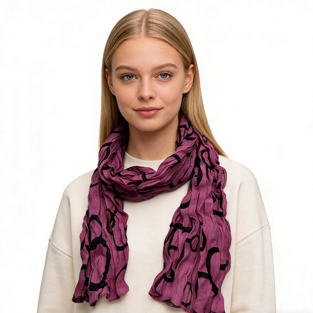 Hot Pink Crinkle Polyester Scarf - Textured Print Scarf For Casual Outfits