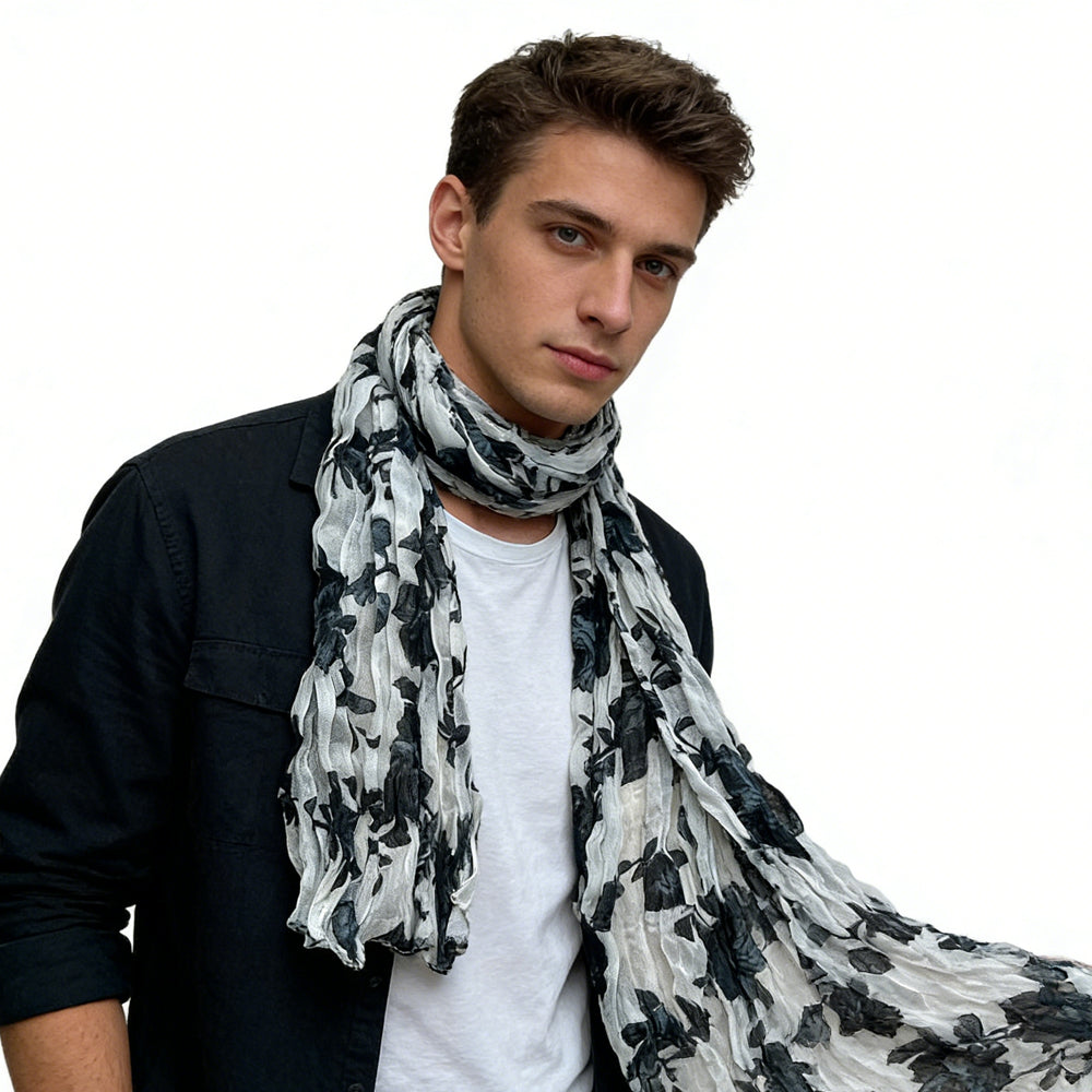 Black & White Printed Crinkle Scarf - Graphic Textured Scarf 63inchx23inch