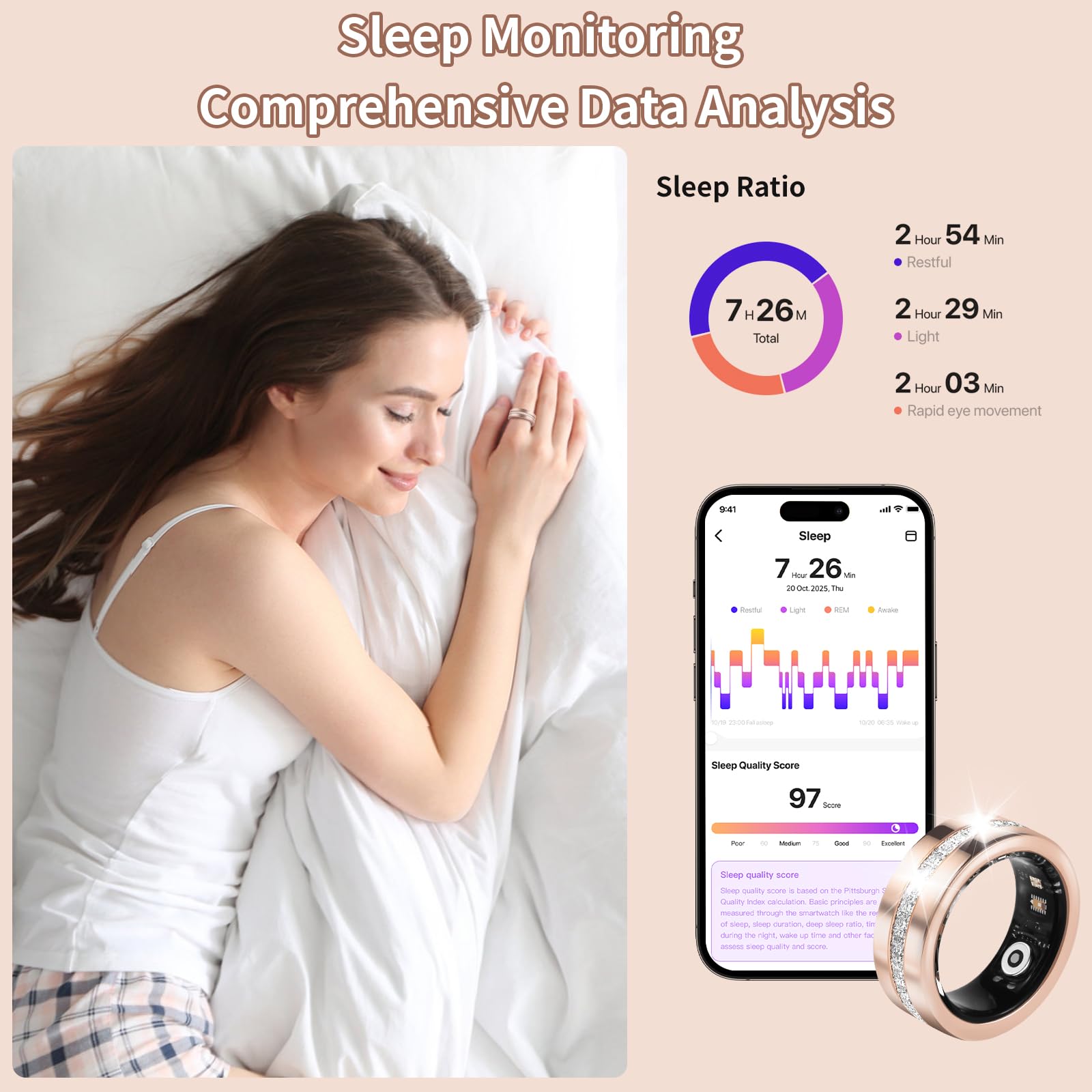 Smart Ring For Women, Health & Fitness Tracker With Heart Rate, Blood Oxygen, Sleep Monitoring, Elegant Rose Gold Design With Crystal Accents, IP68 Waterproof, Gesture Control