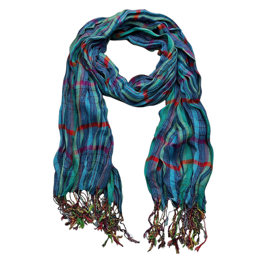 Blue Jacquard Crinkle Scarf - Heavy Textured Scarf 76inchx28inch