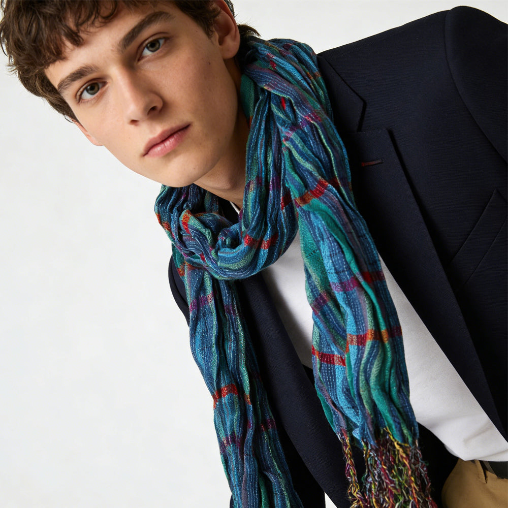 Blue Jacquard Crinkle Scarf - Heavy Textured Scarf 76inchx28inch