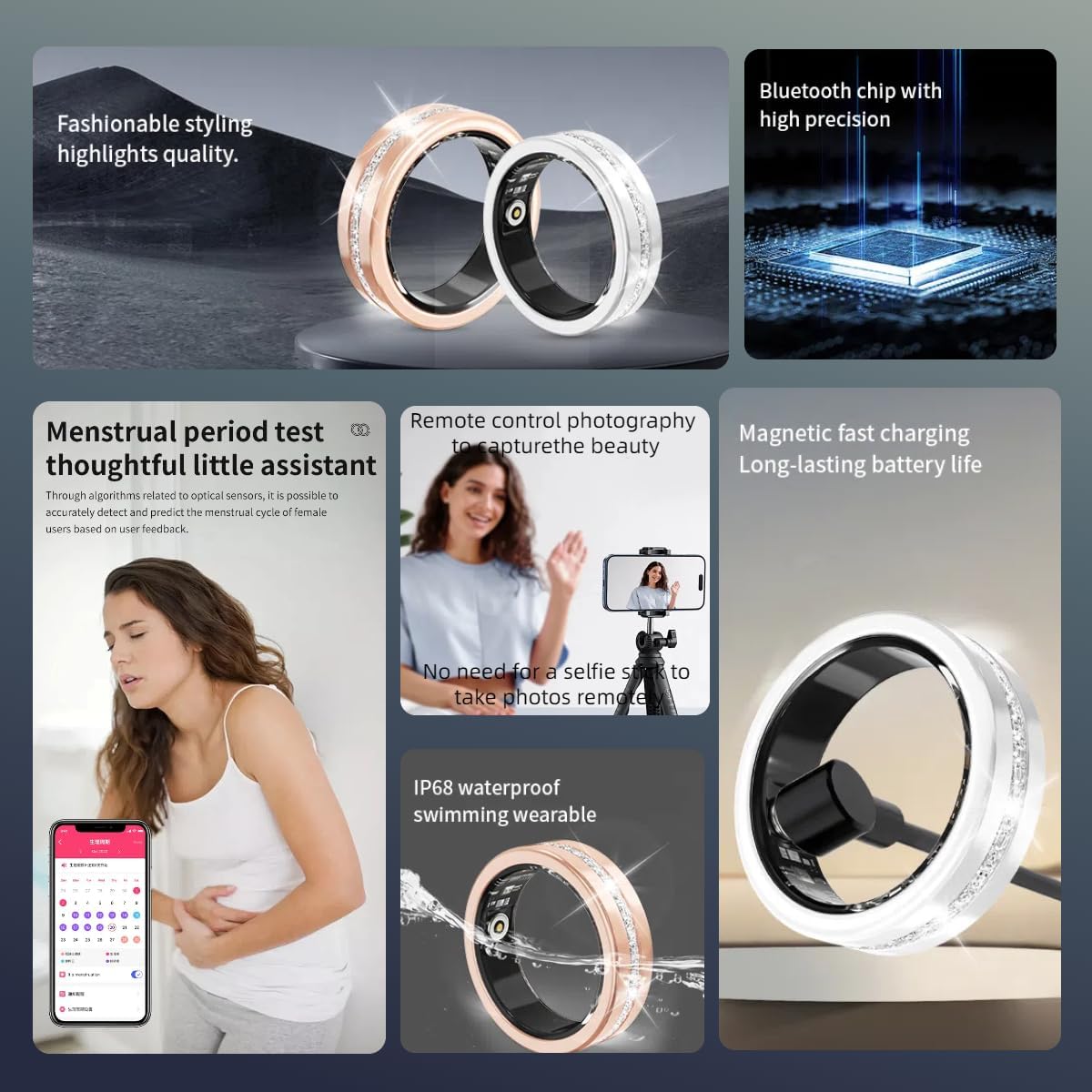 Smart Ring For Women, Health & Fitness Tracker With Heart Rate, Blood Oxygen, Sleep Monitoring, Elegant Rose Gold Design With Crystal Accents, IP68 Waterproof, Gesture Control