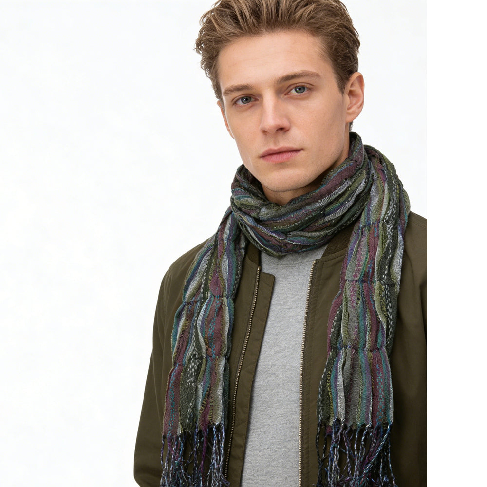 Olive Jacquard Crinkle Scarf - Textured Utility Scarf 70inchx29inch